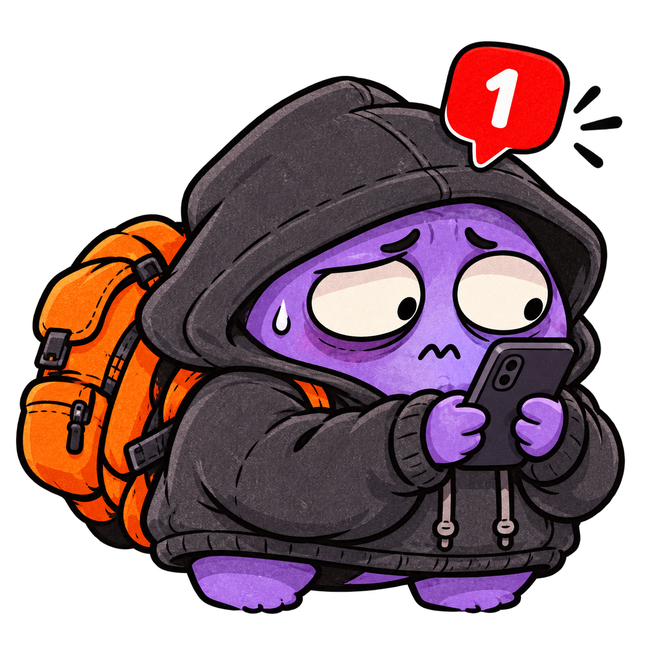 Doomlet, a worried purple creature in a charcoal hoodie with an orange emergency backpack, staring at his phone.